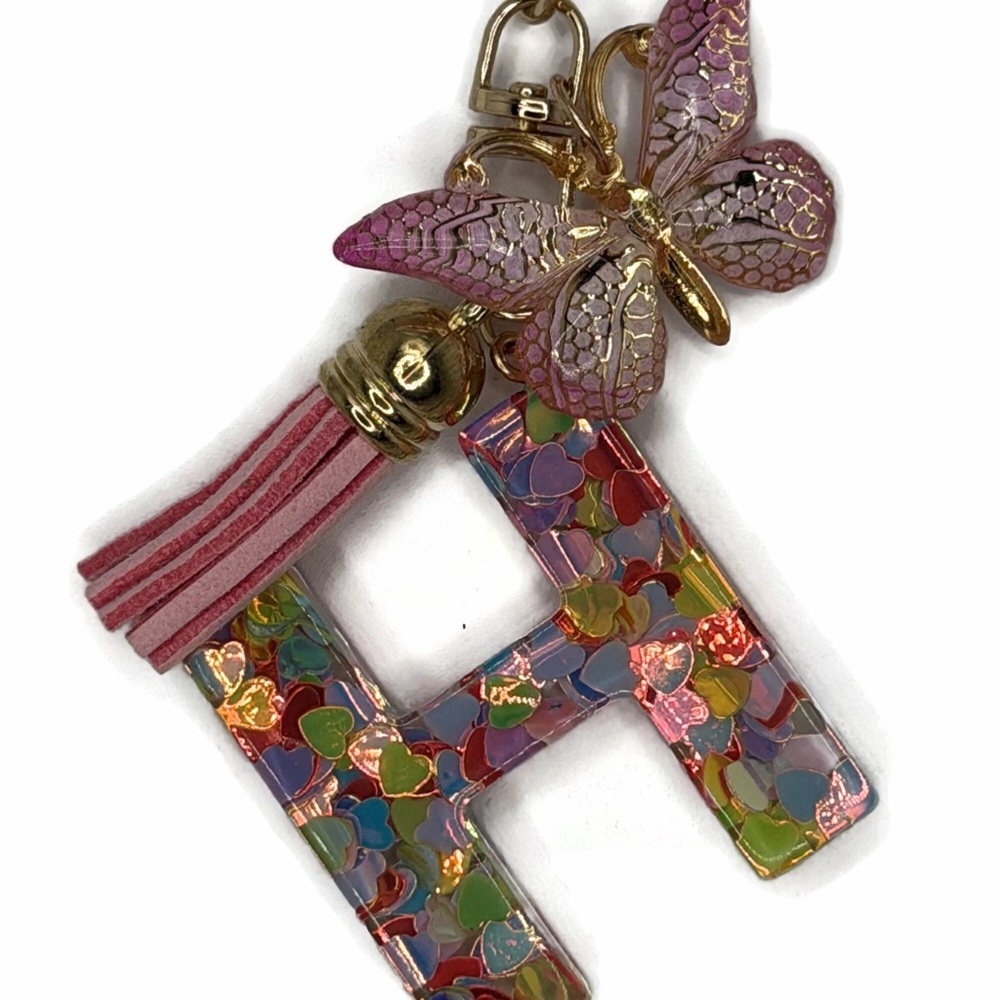 Pink ‘H’ Butterfly Tassel Plastic Keychain